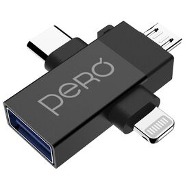  Адаптер PERO AD14 OTG LIGHTNING+USB-C+MICRO-USB TO USB 3.0, черный 
