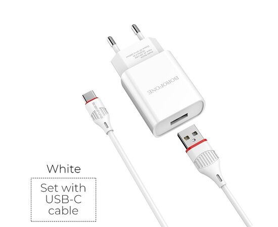  СЗУ BOROFONE BA20A Sharp 1USB, 5V, 2,1A + Type-C (белый) 