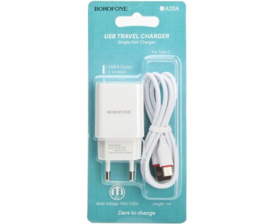  СЗУ BOROFONE BA20A Sharp 1USB, 5V, 2,1A + Type-C (белый) 